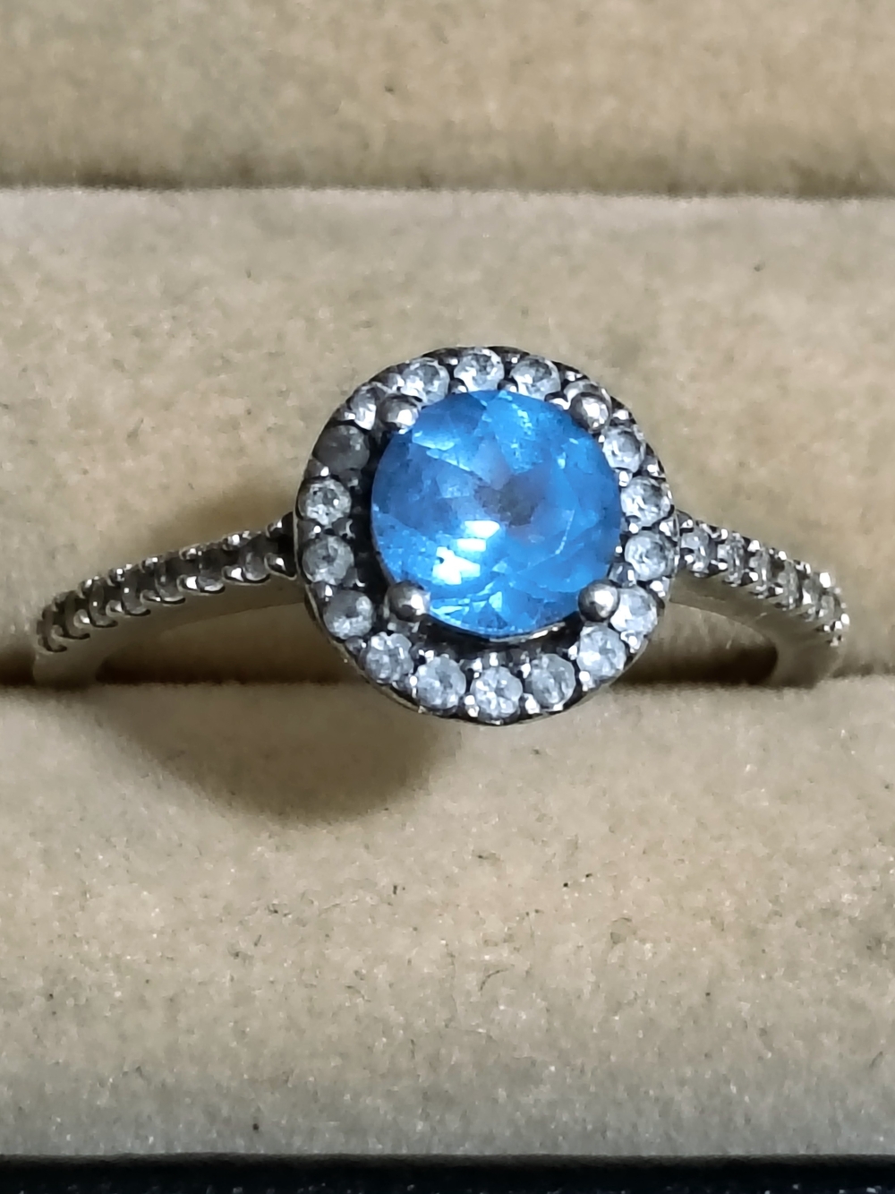 Sterling Silver &Blue Topaz Ring W/ Diamond Halo Size 7.5 Signed